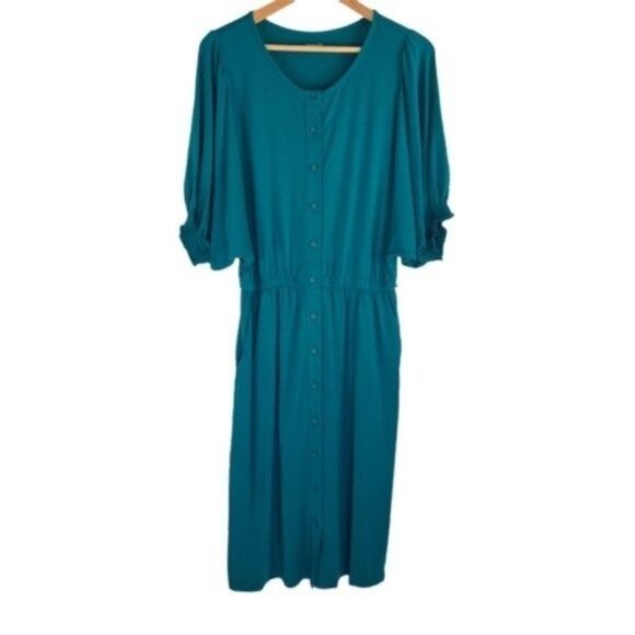 NWT Garnet Hill Teal Button Front Midi Jersey Dress - Picture 2 of 8